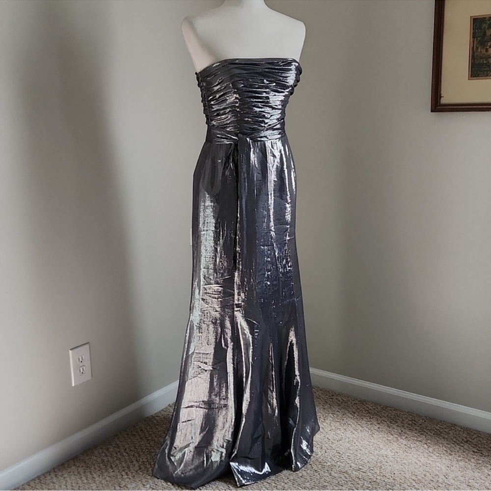 David Meister Metallic Silver Strapless Gown Dress Size 10
